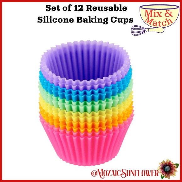 12 Reusable Food Safe Silicone Muffin Baking Cups - Picture 1 of 6